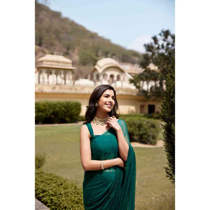 Geroo Jaipur Bottle Green Chiffon Embellished Mukaish Saree with Unstitched Blouse
