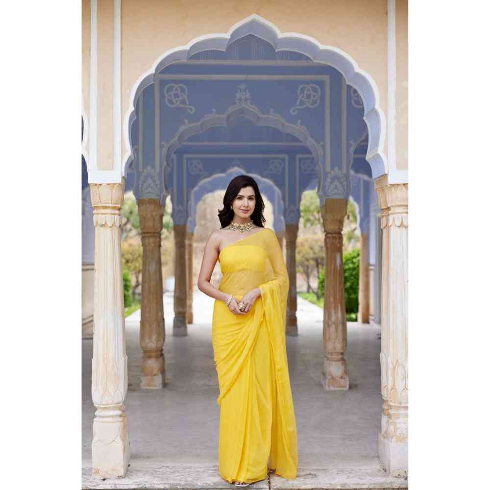 Geroo Jaipur Yellow Chiffon Embellished Mukaish Saree with Unstitched Blouse