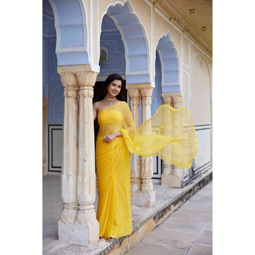Geroo Jaipur Yellow Chiffon Embellished Mukaish Saree with Unstitched Blouse