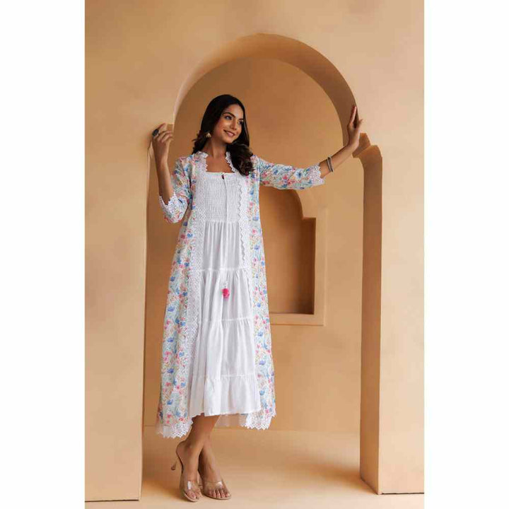 Geroo Jaipur Off-White Cotton Chikankari Embroidered Dress with Jacket (Set of 2)