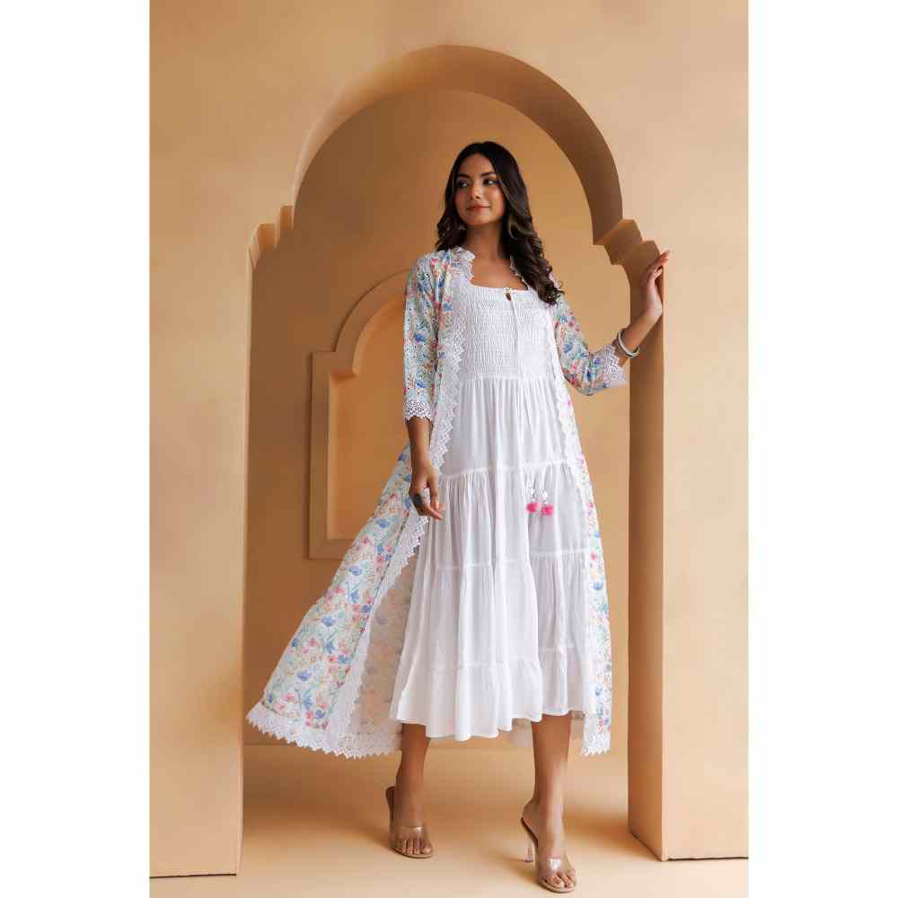 Geroo Jaipur Off-White Cotton Chikankari Embroidered Dress with Jacket (Set of 2)