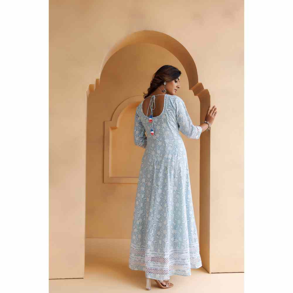 Geroo Jaipur Sky-Blue Cotton Floral Embroidered Maxi Dress