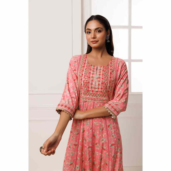 Geroo Jaipur Pink Cotton-Rayon Embroidered Maxi Dress