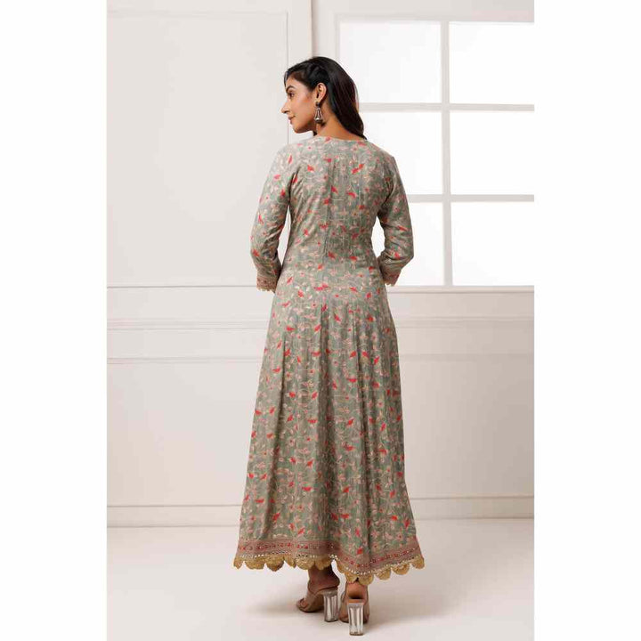 Geroo Jaipur Grey Cotton-Rayon Embroidered Maxi Dress