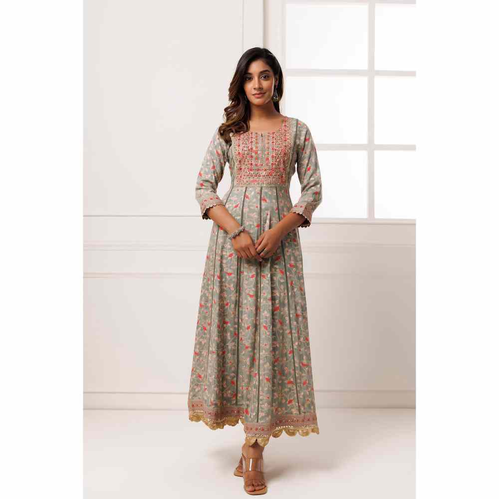 Geroo Jaipur Grey Cotton-Rayon Embroidered Maxi Dress