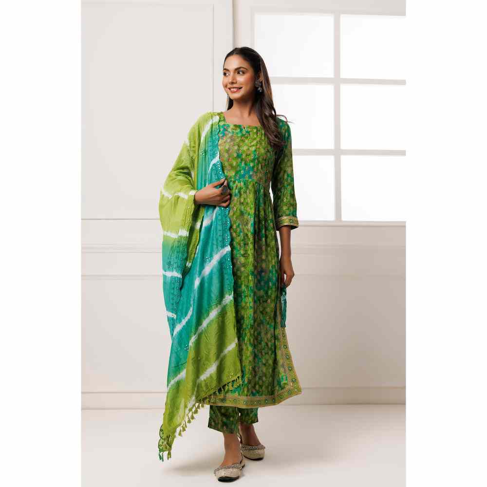 Geroo Jaipur Green Shaded Cotton-Rayon Embroidered Kurta with Pant and Silk Dupatta (Set of 3)