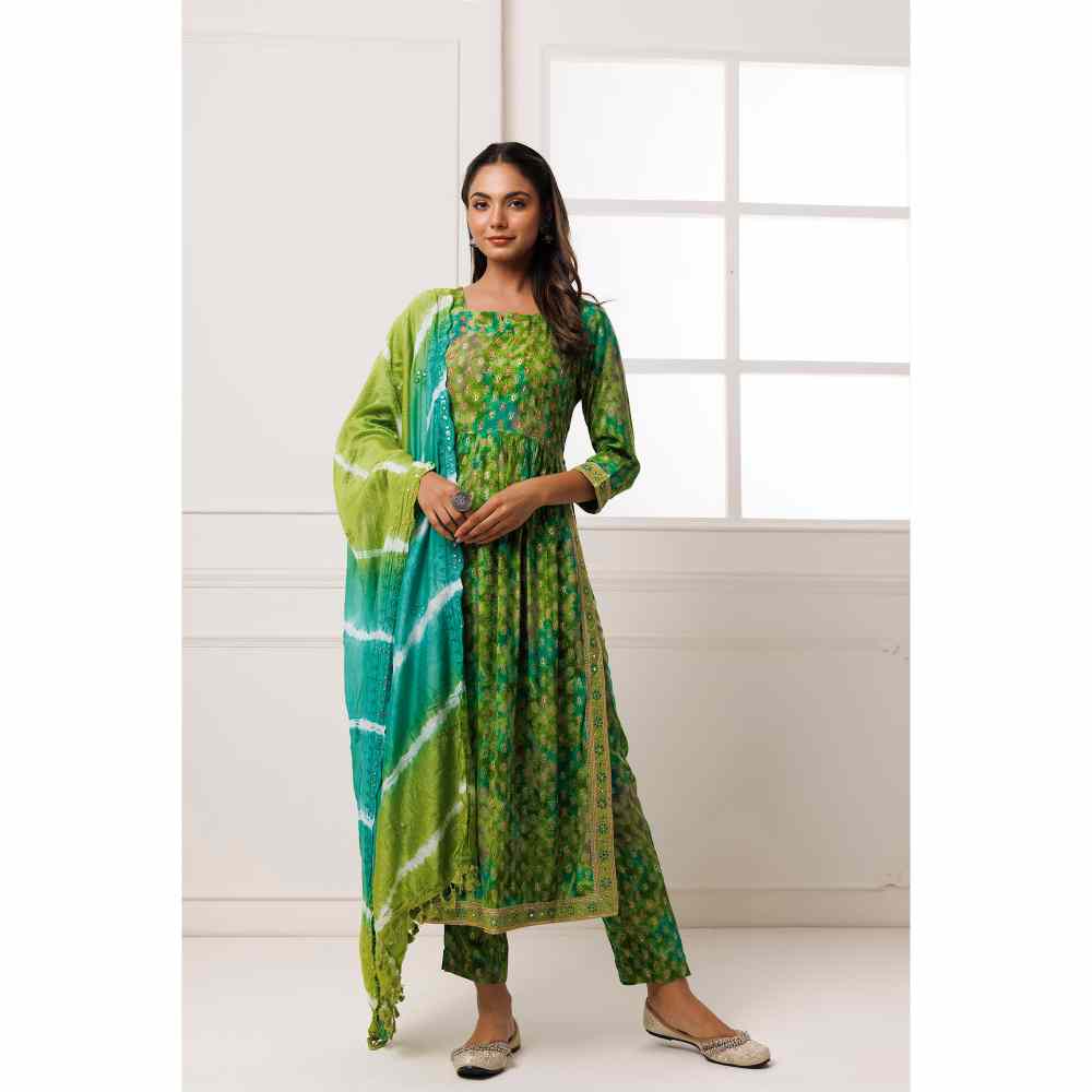 Geroo Jaipur Green Shaded Cotton-Rayon Embroidered Kurta with Pant and Silk Dupatta (Set of 3)