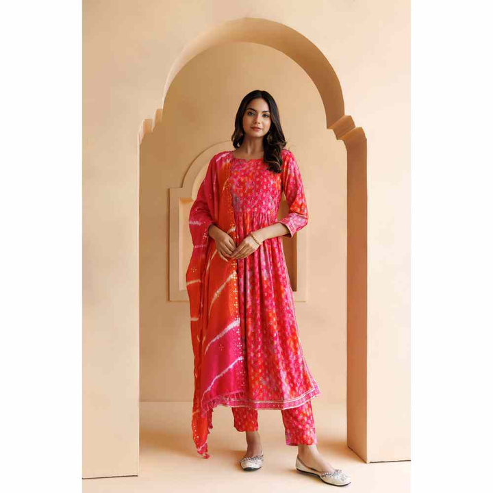 Geroo Jaipur Pink Shaded Cotton-Rayon Embroidered Kurta with Pant and Silk Dupatta (Set of 3)