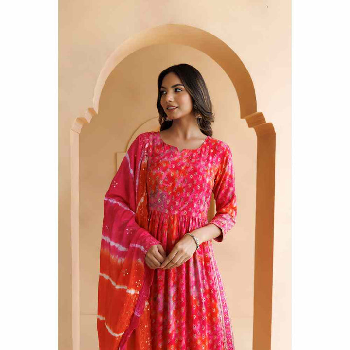 Geroo Jaipur Pink Shaded Cotton-Rayon Embroidered Kurta with Pant and Silk Dupatta (Set of 3)