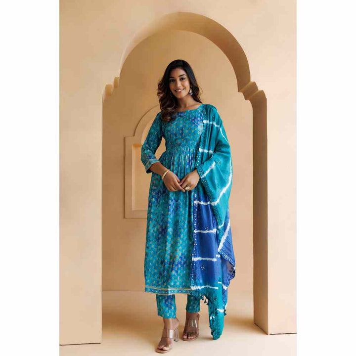 Geroo Jaipur Blue Shaded Cotton-Rayon Embroidered Kurta with Pant Silk Dupatta (Set of 3)