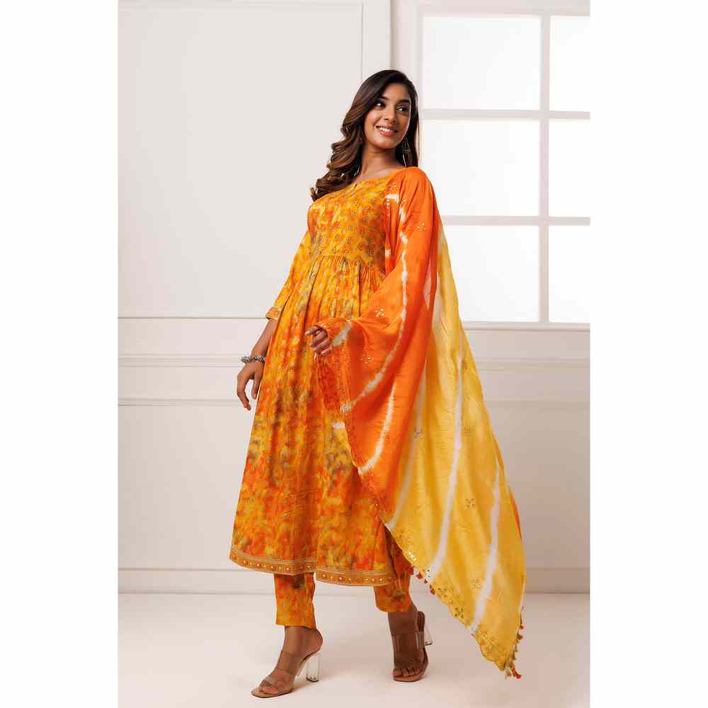 Geroo Jaipur Yellow-Orange Cotton-Rayon Embroidered Kurta with Pant Silk Dupatta (Set of 3)