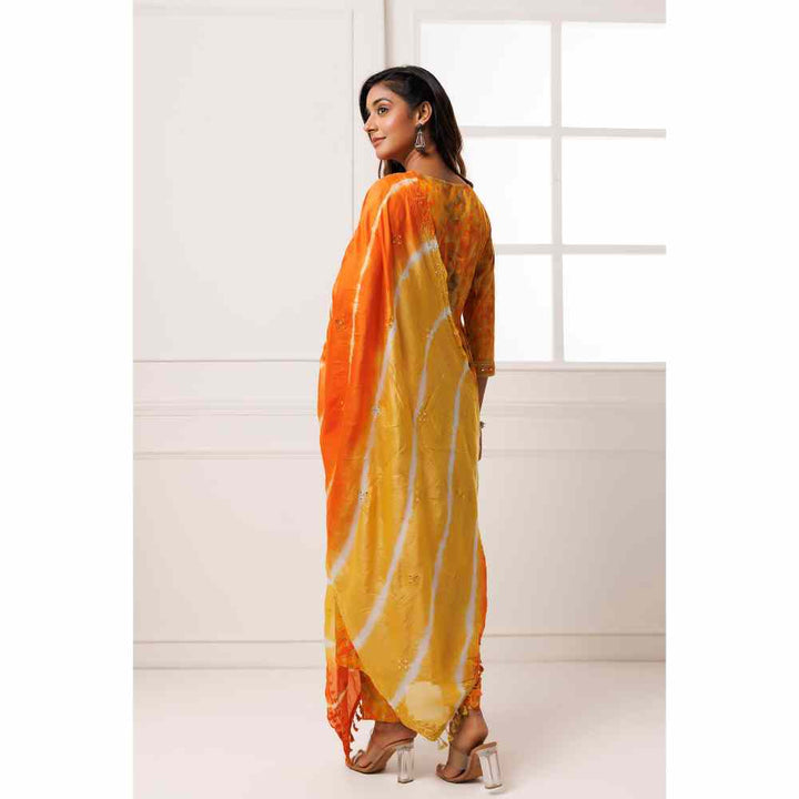Geroo Jaipur Yellow-Orange Cotton-Rayon Embroidered Kurta with Pant Silk Dupatta (Set of 3)