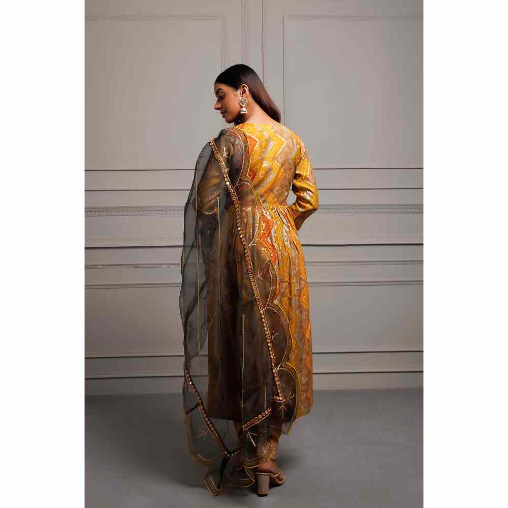 Geroo Jaipur Mustard Yellow Silk Embroidered Bandhani Kurta with Pant and Dupatta (Set of 3)