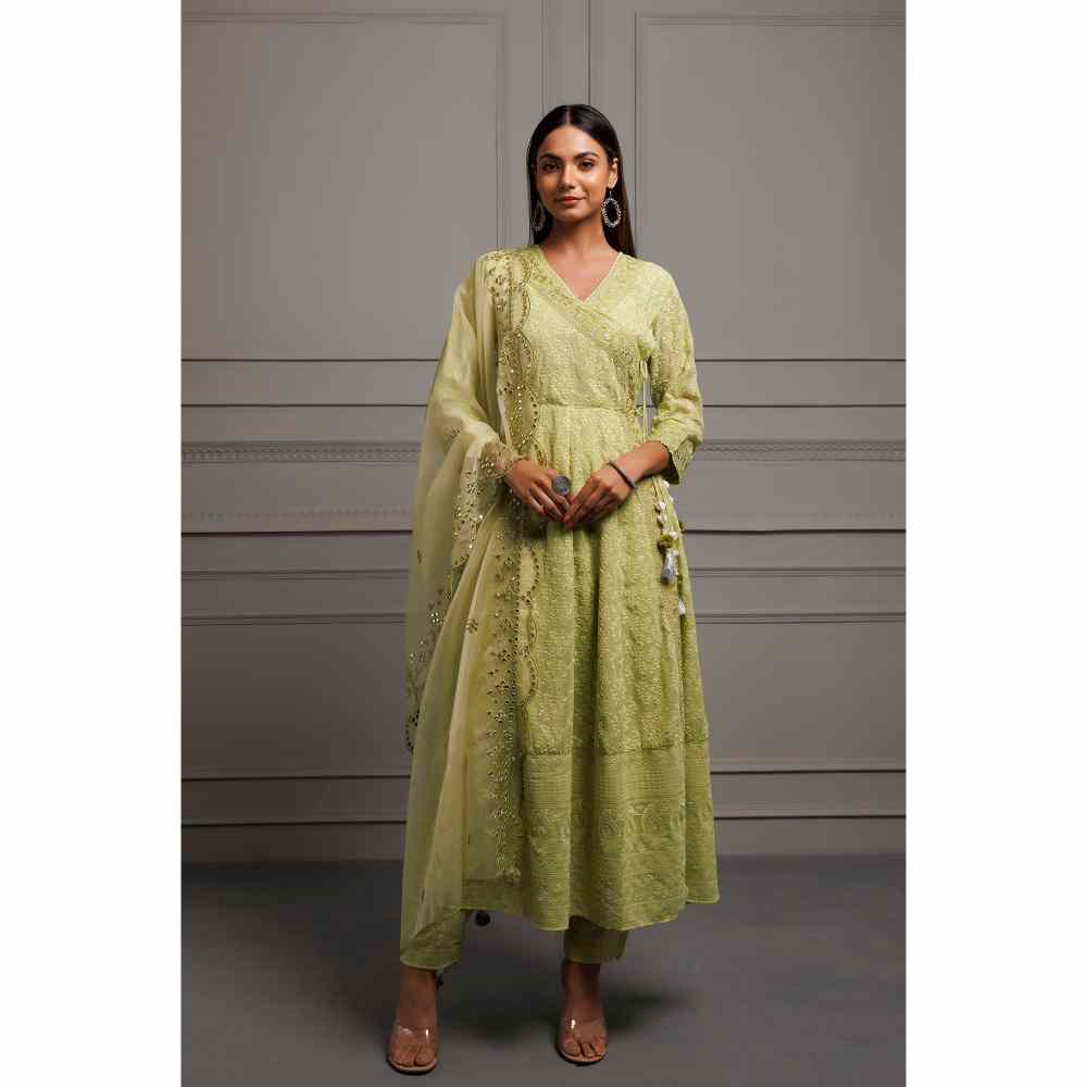 Geroo Jaipur Green Georgette Handcrafted Angrakha Kurta with Pant and Dupatta (Set of 3)