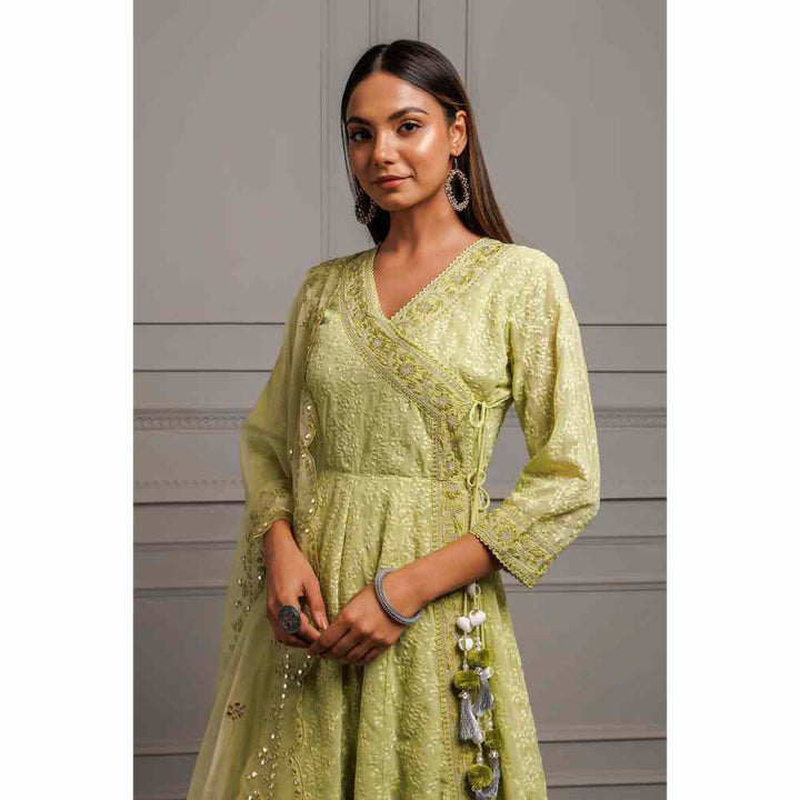 Geroo Jaipur Green Georgette Handcrafted Angrakha Kurta with Pant and Dupatta (Set of 3)