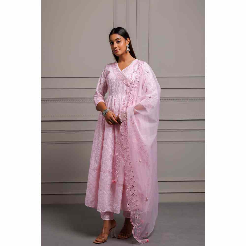 Geroo Jaipur Pink Georgette Handcrafted Angrakha Kurta with Pant and Dupatta (Set of 3)