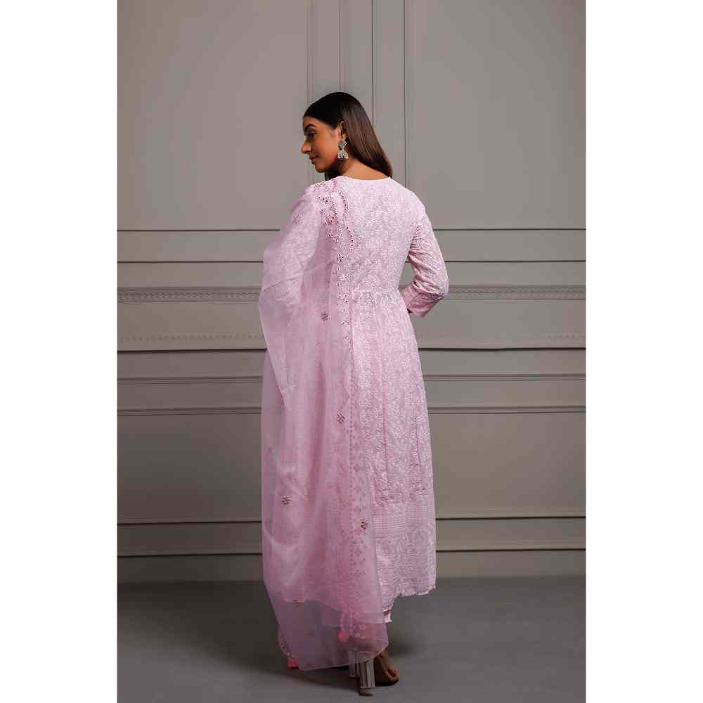 Geroo Jaipur Pink Georgette Handcrafted Angrakha Kurta with Pant and Dupatta (Set of 3)