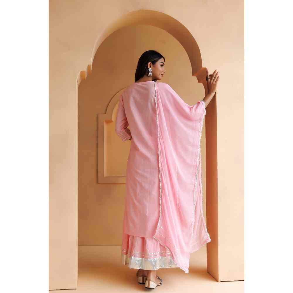 Geroo Jaipur Pastel Pink Handcrafted Straight Cotton Kurta with Skirt and Dupatta (Set of 3)