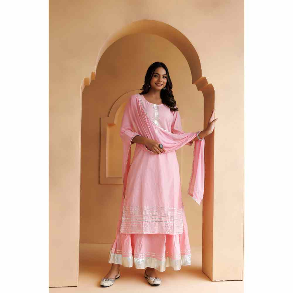 Geroo Jaipur Pastel Pink Handcrafted Straight Cotton Kurta with Skirt and Dupatta (Set of 3)