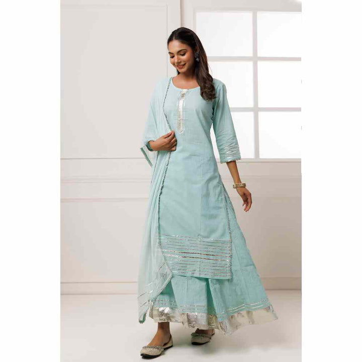 Geroo Jaipur Blue Handcrafted Straight Cotton Kurta with Skirt and Dupatta (Set of 3)