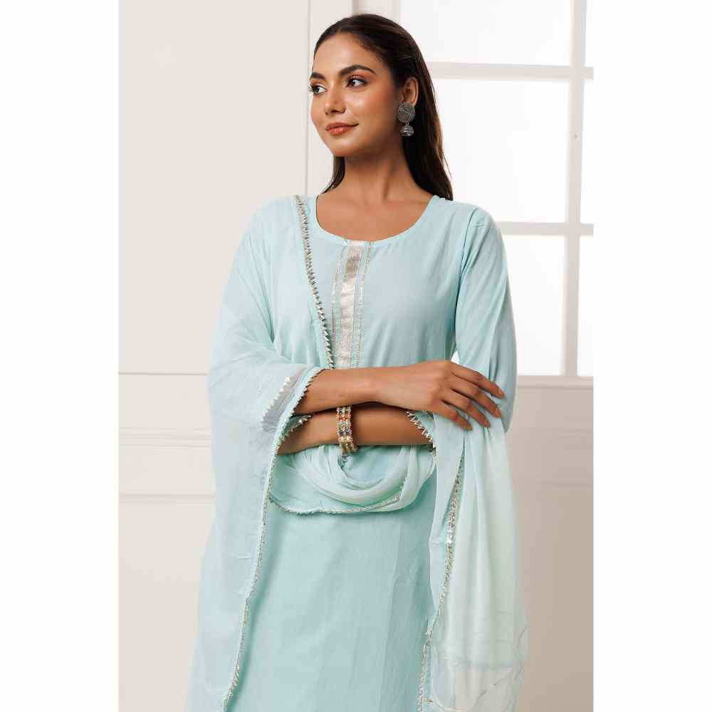 Geroo Jaipur Blue Handcrafted Straight Cotton Kurta with Skirt and Dupatta (Set of 3)