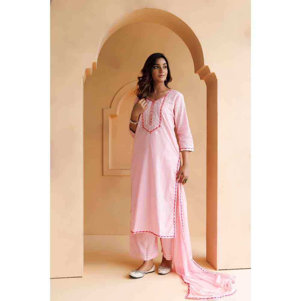 Geroo Jaipur Pink Handcrafted Straight Cotton Kurta with Pant and Dupatta (Set of 3)