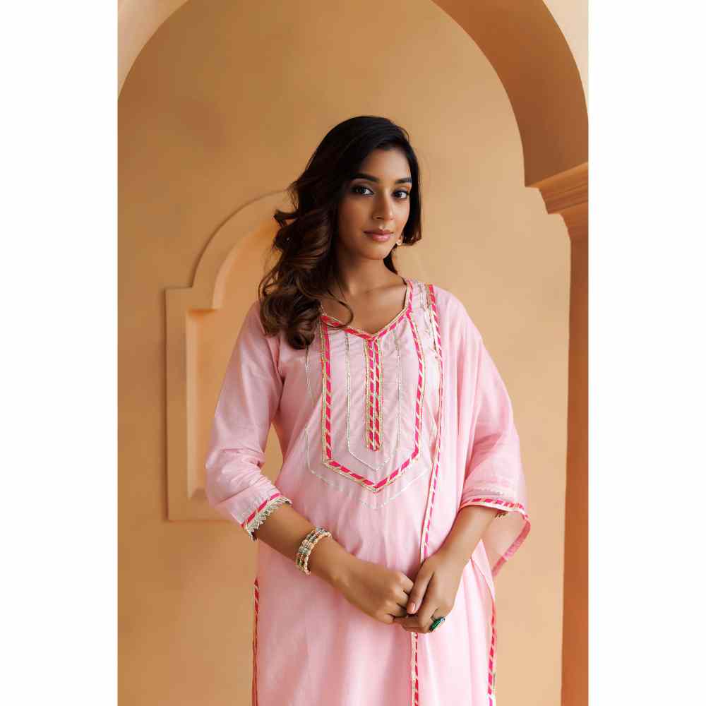 Geroo Jaipur Pink Handcrafted Straight Cotton Kurta with Pant and Dupatta (Set of 3)