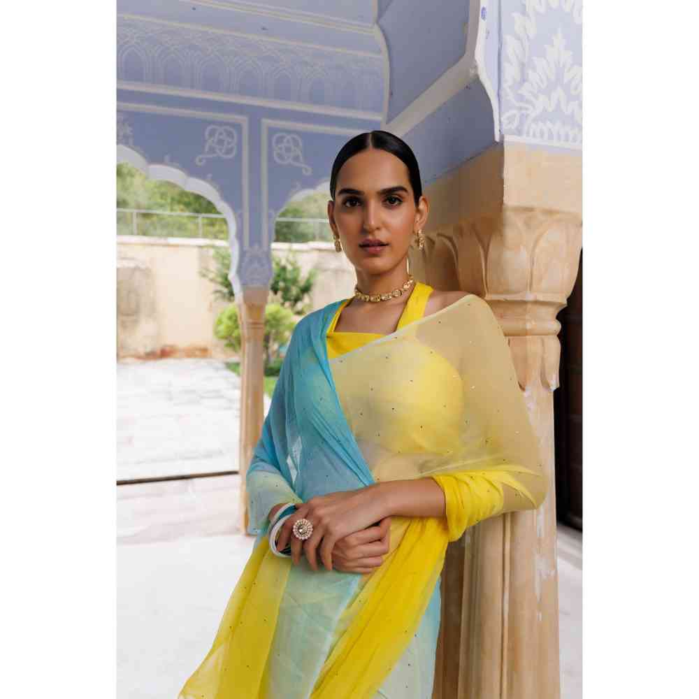 Geroo Jaipur Yellow-Blue Shaded Mukaish Hand Embroidered Chiffon Saree with Unstitched Blouse