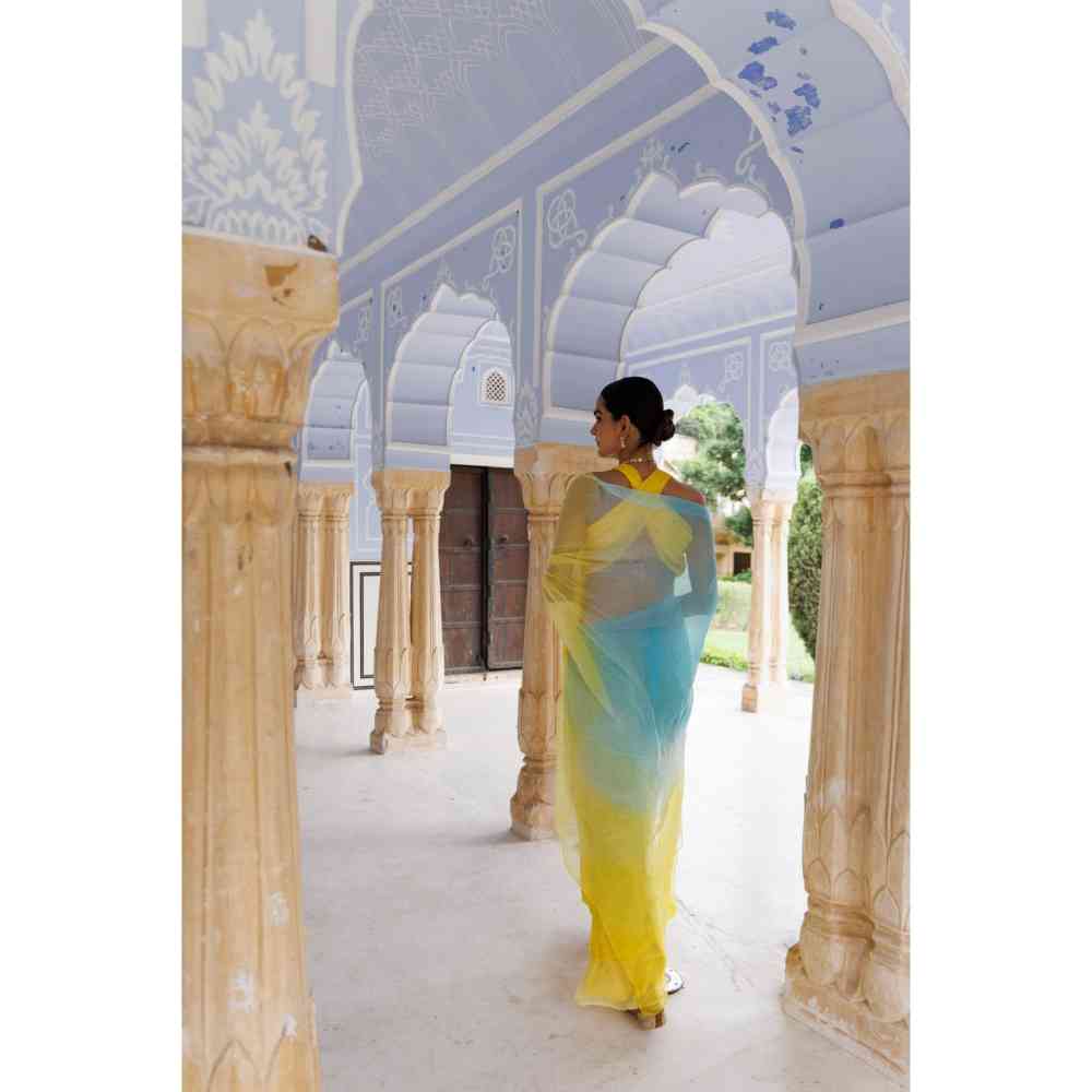 Geroo Jaipur Yellow-Blue Shaded Mukaish Hand Embroidered Chiffon Saree with Unstitched Blouse