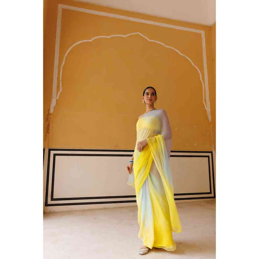Geroo Jaipur Yellow Shaded Mukaish Hand Embroidered Chiffon Saree with Unstitched Blouse