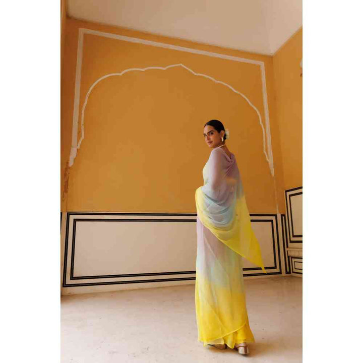 Geroo Jaipur Yellow Shaded Mukaish Hand Embroidered Chiffon Saree with Unstitched Blouse