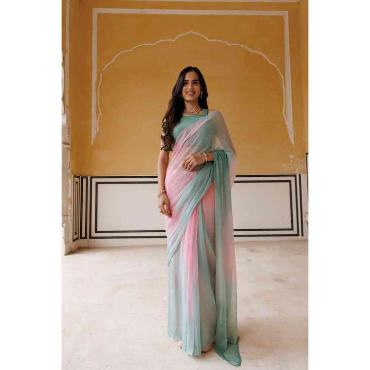 Geroo Jaipur Pink-Green Shaded Mukaish Hand Embroidered Chiffon Saree with Unstitched Blouse