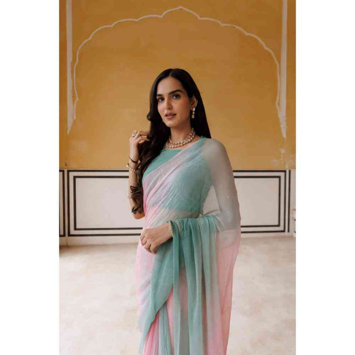 Geroo Jaipur Pink-Green Shaded Mukaish Hand Embroidered Chiffon Saree with Unstitched Blouse