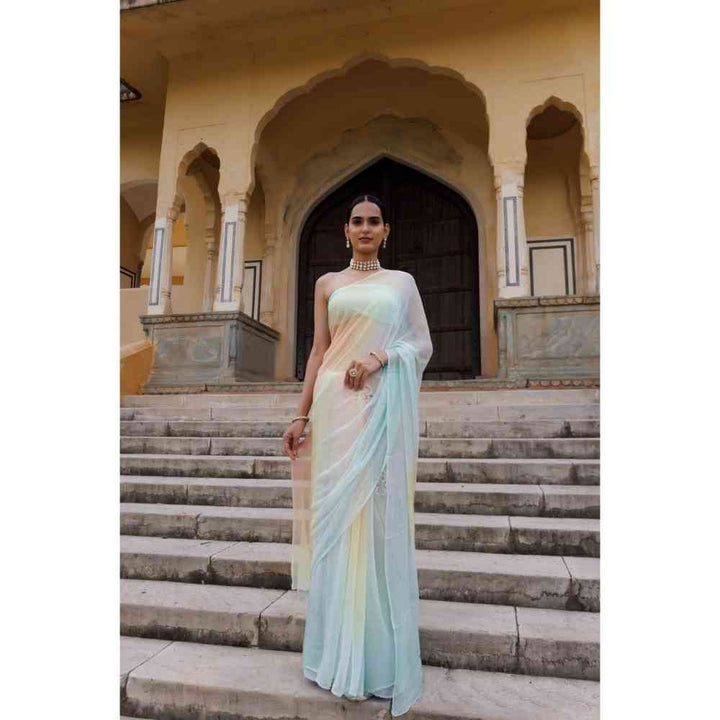 Geroo Jaipur Multi Shaded Mukaish Jaal Hand Embroidered Chiffon Saree with Unstitched Blouse