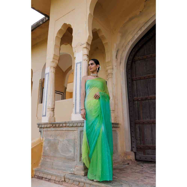 Geroo Jaipur Green Shaded Mukaish Jaal Hand Embroidered Chiffon Saree with Unstitched Blouse