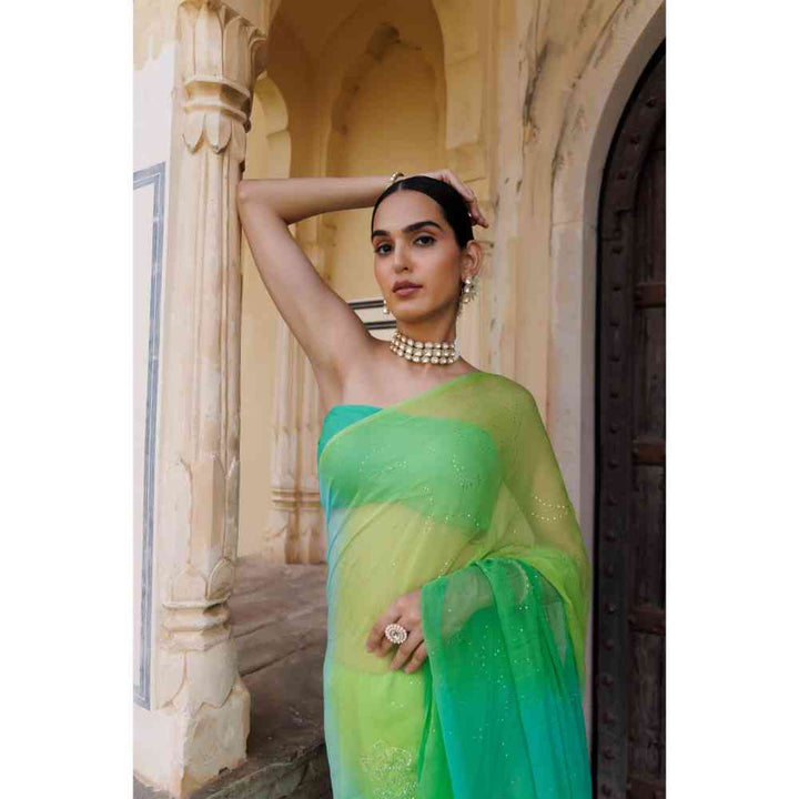 Geroo Jaipur Green Shaded Mukaish Jaal Hand Embroidered Chiffon Saree with Unstitched Blouse