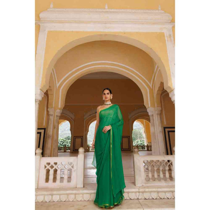 Geroo Jaipur Green Hand Dyed Plain Chiffon Saree with Jacquard Unstitched Blouse