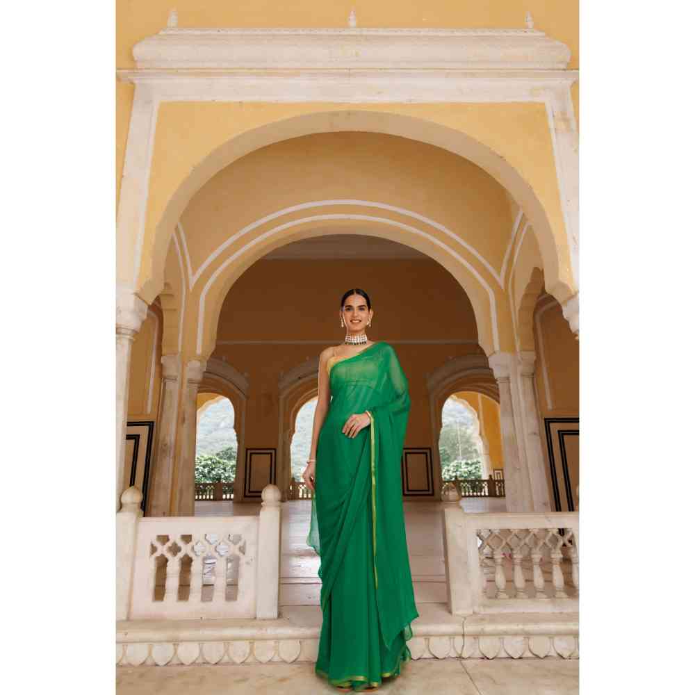 Geroo Jaipur Green Hand Dyed Plain Chiffon Saree with Jacquard Unstitched Blouse