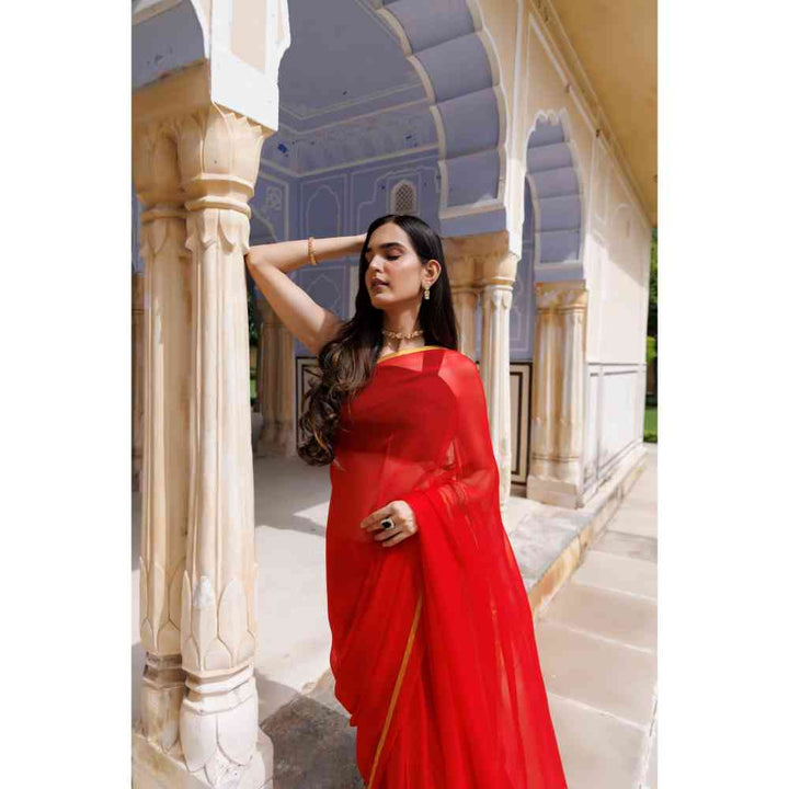 Geroo Jaipur Red Hand Dyed Plain Chiffon Saree with Jacquard Unstitched Blouse