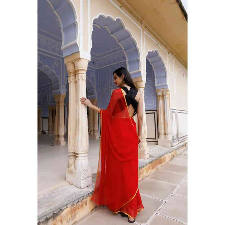 Geroo Jaipur Red Hand Dyed Plain Chiffon Saree with Jacquard Unstitched Blouse