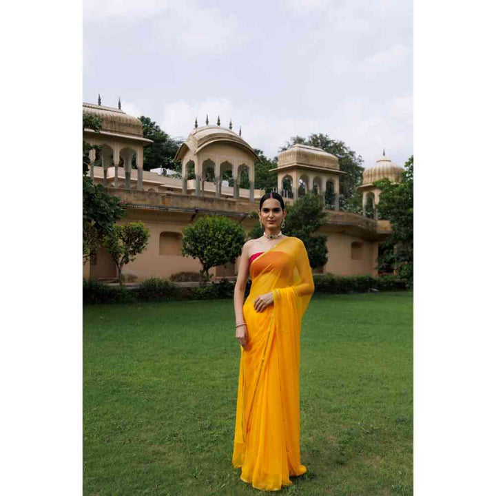 Geroo Jaipur Yellow Hand Dyed Plain Chiffon Saree with Jacquard Unstitched Blouse