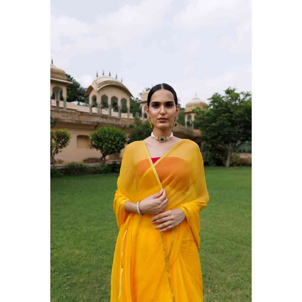 Geroo Jaipur Yellow Hand Dyed Plain Chiffon Saree with Jacquard Unstitched Blouse