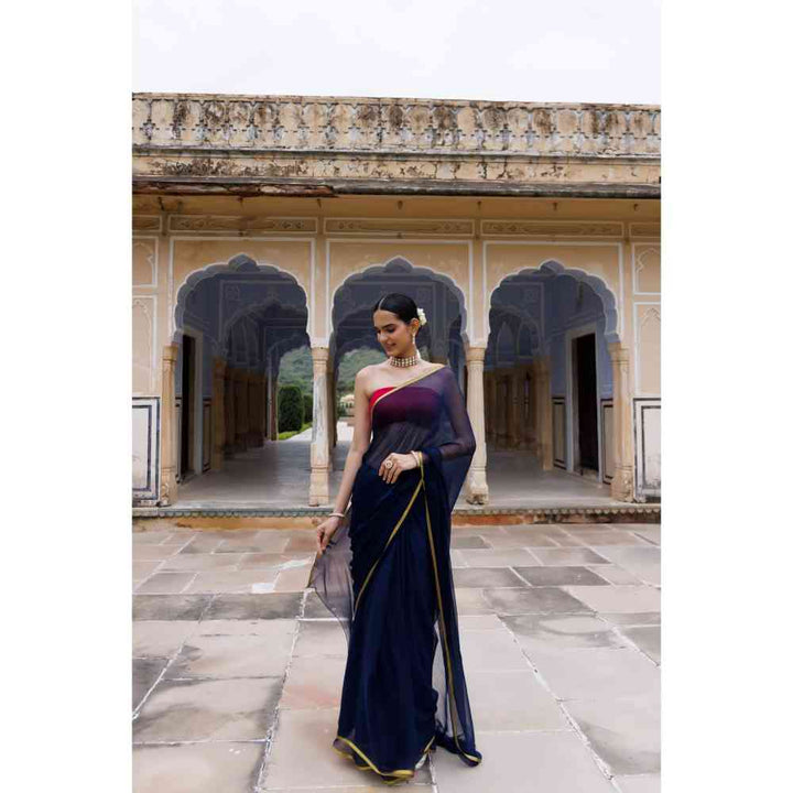 Geroo Jaipur Navy Blue Hand Dyed Plain Chiffon Saree with Jacquard Unstitched Blouse