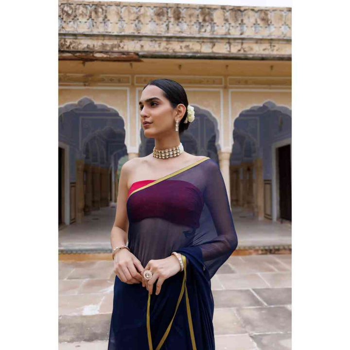 Geroo Jaipur Navy Blue Hand Dyed Plain Chiffon Saree with Jacquard Unstitched Blouse
