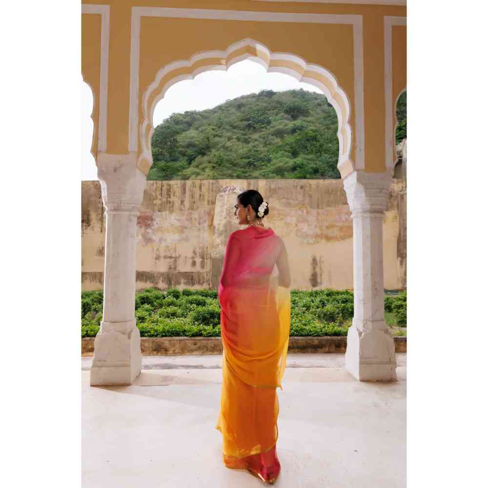 Geroo Jaipur Yellow Red Shaded Hand Dyed Plain Chiffon Saree with Jacquard Unstitched Blouse