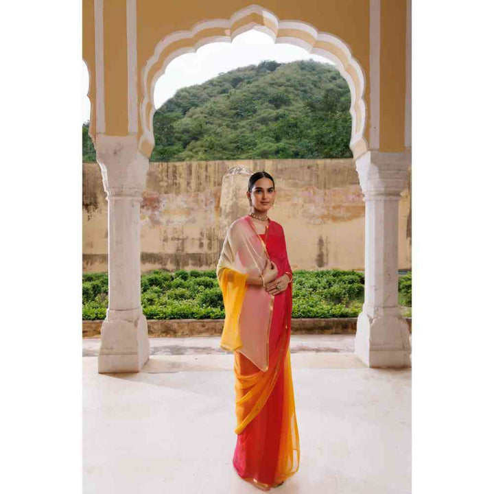 Geroo Jaipur Yellow Red Shaded Hand Dyed Plain Chiffon Saree with Jacquard Unstitched Blouse