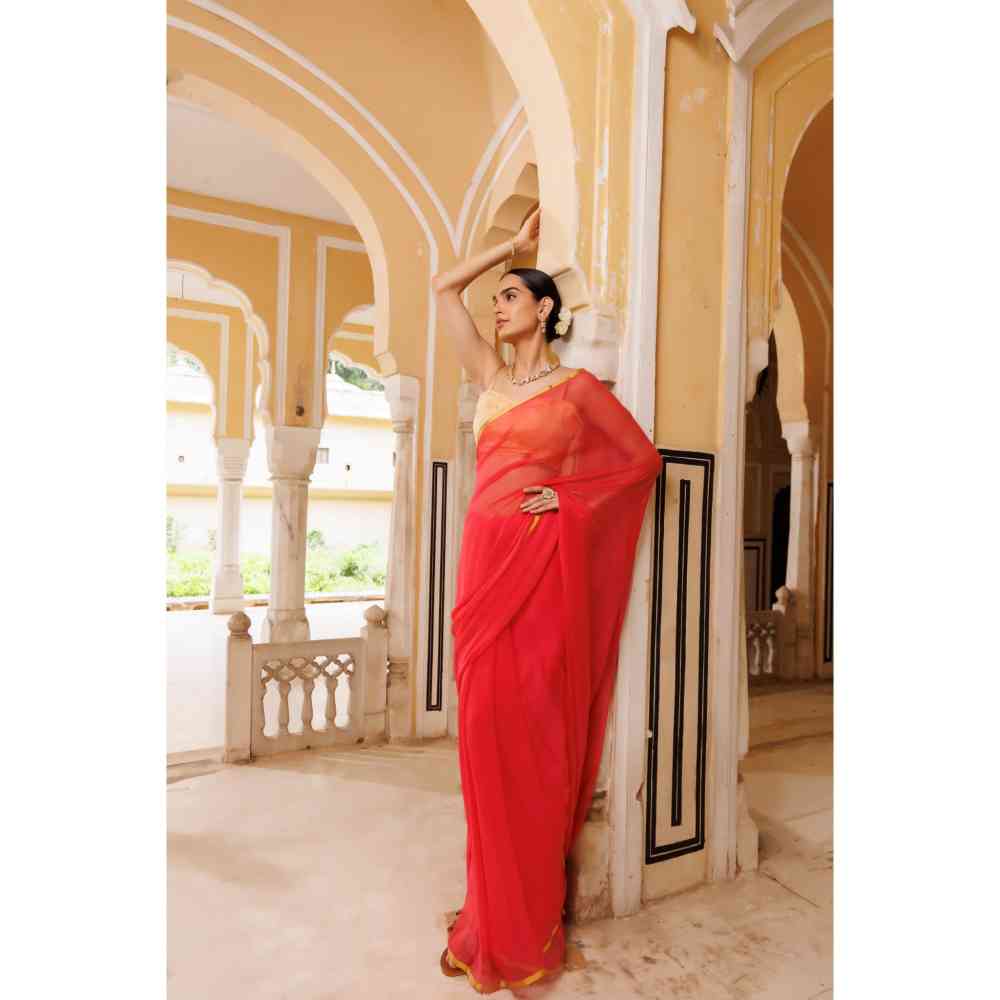 Geroo Jaipur Cherry Pink Hand Dyed Plain Chiffon Saree with Jacquard Unstitched Blouse