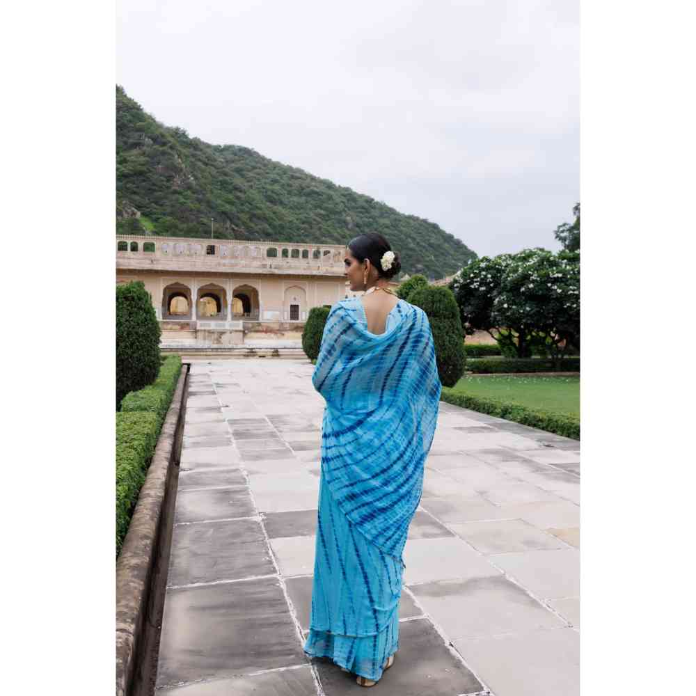 Geroo Jaipur Blue Hand Dyed Shibori Bandhani Chiffon Saree with Unstitched Blouse