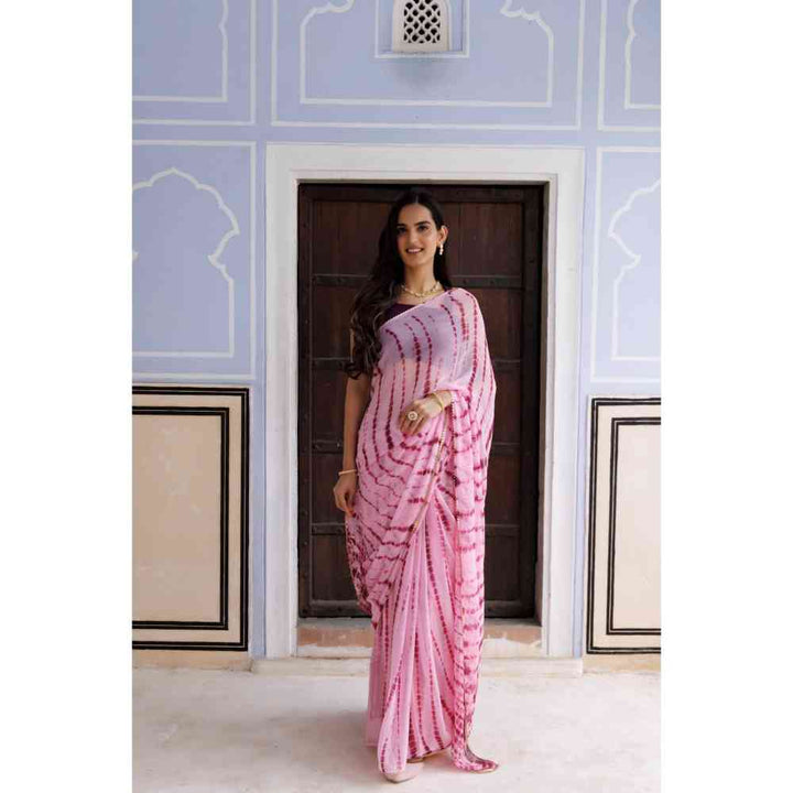 Geroo Jaipur Pink Hand Dyed Shibori Bandhani Chiffon Saree with Unstitched Blouse