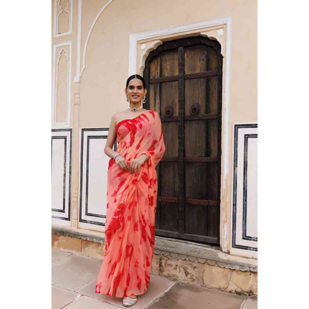 Buy Yellow Red Shaded Plain Chiffon Saree – Geroo Jaipur